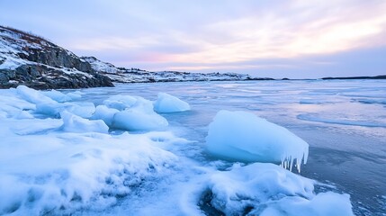 Icy shoreline at sunset, featuring large chunks of glacial ice on a snow-covered beach, with a rocky, snow-dusted cliff in the background under a pale purple sky. : Generative AI