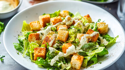 Stylish flat lay of a Caesar salad with drizzled sauce and croutons in a dining setup