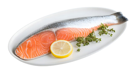 Grilled Salmon Fish Fillet with Lemon Slice and Herbs - Fresh Seafood Photography