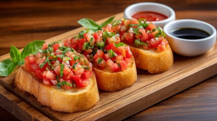 Fresh Tomato Bruschetta with Basil and Balsamic Glaze on Wooden Board