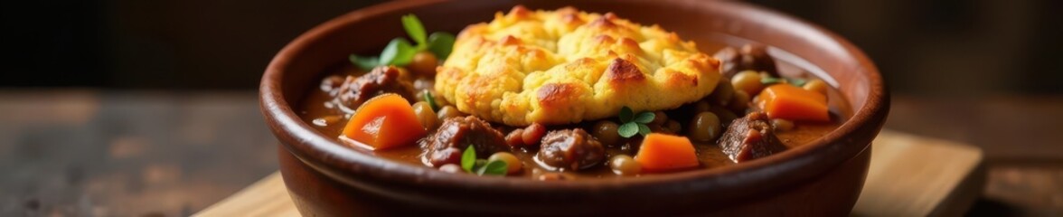 Golden crust atop savory beef stew in a rustic bowl, close up, overhead shot, beef