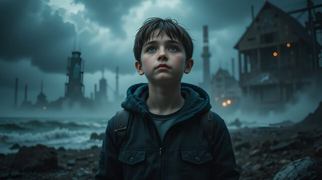 Young boy feeling hopeless in a materialist  world overshadowed by industrial pollution and the looming threats of climate change, rising seas, and environmental degradation