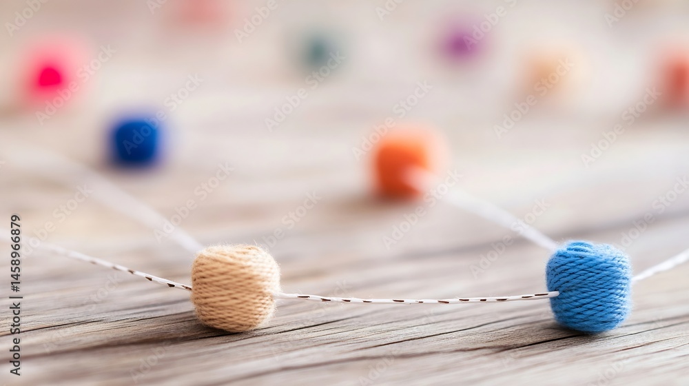Aufkleber Close-up of colorful yarn balls connected by string on wooden surface, suggesting networking or connection concept. : Generative AI