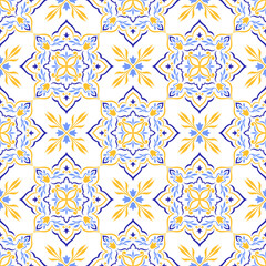 Mediterranean seamless pattern with blue yellow tiles, white background. Abstract mosaic design. Portuguese, Italian motifs. Floral ornament, print for home textile or ceramic. Vector illustration