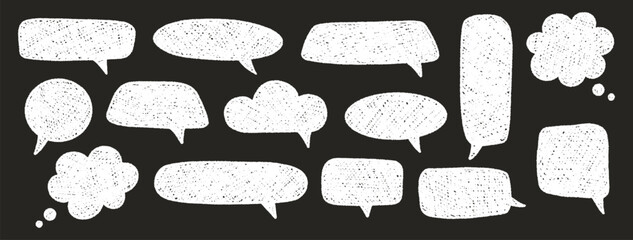 Speech bubbles crayon set. Chalk textured talk thought boxes. Hand drawn chat frames, doodle style. Dialogue balloon clouds. Pencil drawings, white elements on black background. Vector illustration © Vodoleyka