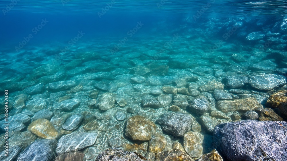Poster underwater scene of clear turquoise water over a bed of smooth, grey and brown rocks, sunlight filte