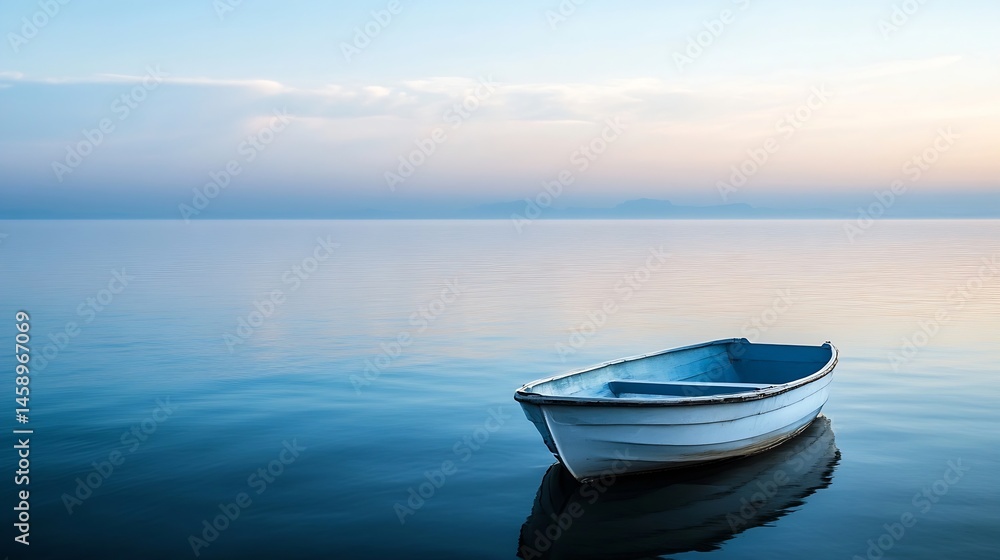 Poster serene sunset scene featuring a small, white rowboat gently bobbing on calm, blue water, with a hazy