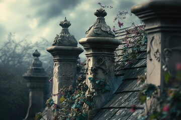 Obraz premium Ornate stone finials adorn a weathered roof, overgrown with creeping vines, evoking a sense of age and mystery.
