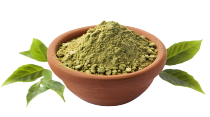 Organic Henna Powder in Clay Bowl with Fresh Green Leaves Isolated on White Background