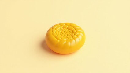 Yellow mooncake. Chinese dessert. Studio photo. Single object. Food background. Asian tradition. Round shape. Sweet snack. Minimalist style. Soft lighting. Pastel color. Lunar festival. Cultural symb