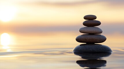 Serene sunset scene featuring a carefully balanced stack of smooth, grey stones floating gently on calm water, reflecting the warm, golden light. : Generative AI