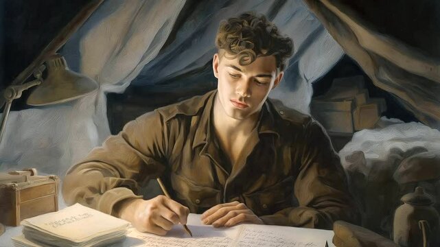 3_A soldier writing a letter home in evening barracks