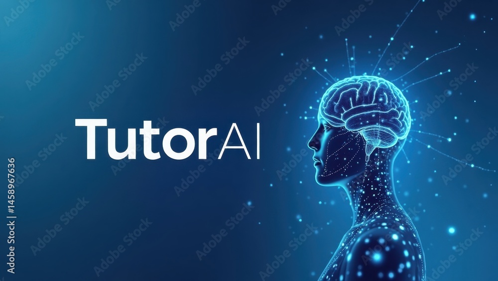 Poster tutorai text. ai brain. digital human. neural network. tech education. online learning. modern desig