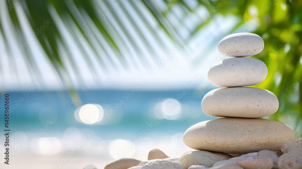 Poster serene beach scene featuring a balanced stack of smooth, white stones against a blurred ocean and pa