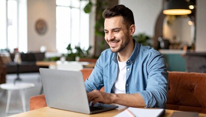 Young Businessman Working on Laptop in Cafe, Smiling Remote Work Scene, Casual Office Style/若手ビジネスマンがカフェでノートパソコンを操作、笑顔のリモートワークシーン、カジュアルスタイルの働き方