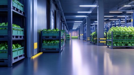 Modern warehouse interior filled with green produce, showcasing organized storage and efficient layout