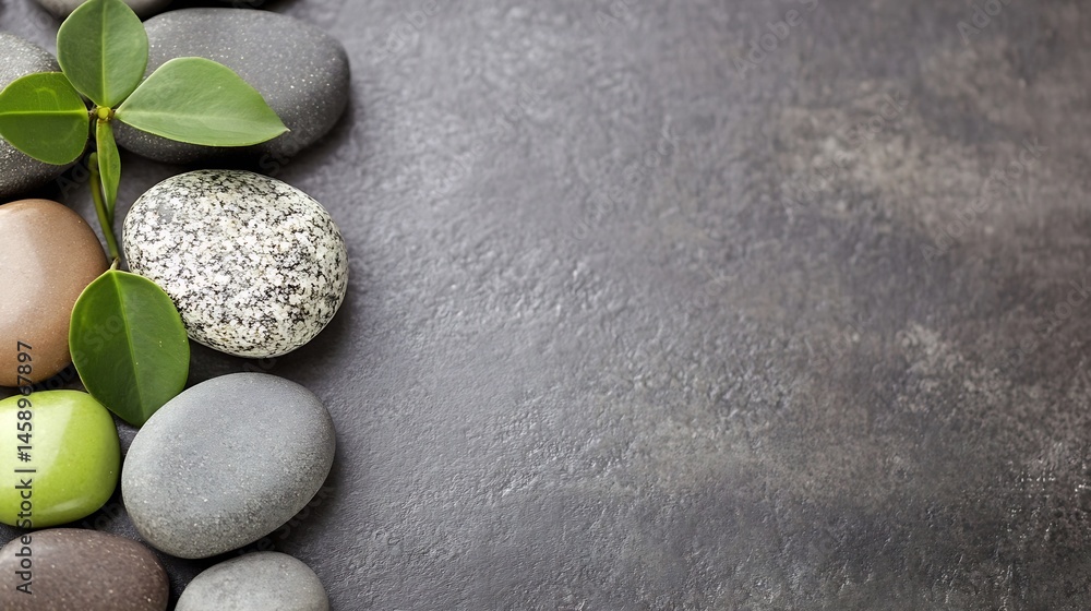 Poster spa stones and green leaves arranged on a dark gray textured surface, creating a serene and peaceful