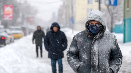 A man bundled in a snow-covered jacket walks down a city street during a heavy snowfall, his face partially obscured by a face mask. : Generative AI