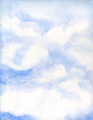 Watercolor Painting. Clouds in the blue sky