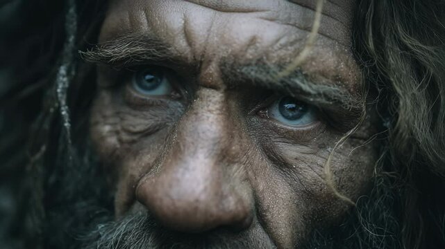 4K Close-Up of a Realistic Neanderthal Caveman in Stone Age Setting | Prehistoric Human Model | Primal Man Portrait
