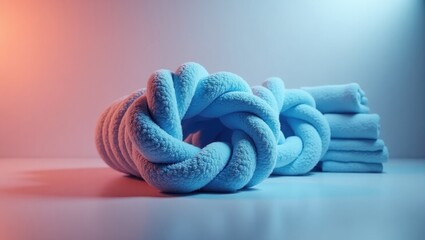 Soft towels. Soft blue towels rolled and stacked neatly on smooth surface, spa and bathroom concept, clean wellness background with warm and cool lighting, cozy atmosphere for relaxation and hygiene