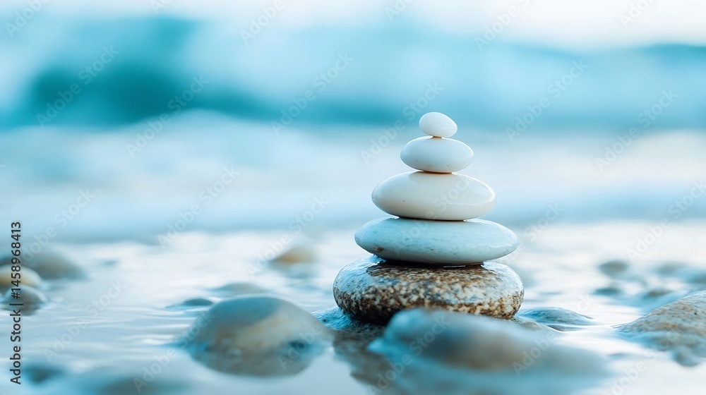 Poster serene stack of smooth, white stones balanced on a brown pebble near calm ocean water, evoking tranq