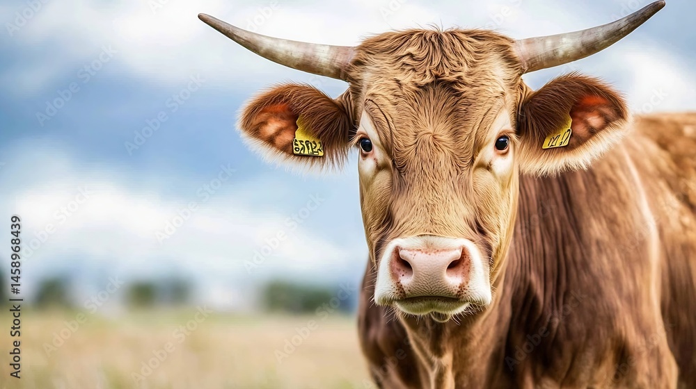 Poster Close-up portrait of a brown cow with horns, standing in a field under a cloudy sky.  The cow's expression is alert and curious, its eyes wide open. : Generative AI