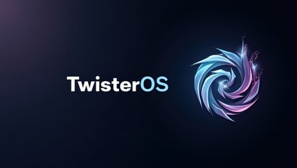 TwisterOS logo. Colorful swirl. Dark background. Tech branding. Operating system. Digital design. Software icon. Modern style. Blue purple gradient. Futuristic look. Minimalist theme. Technology sect
