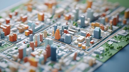 Detailed digital cityscape model with vibrant color blocks.