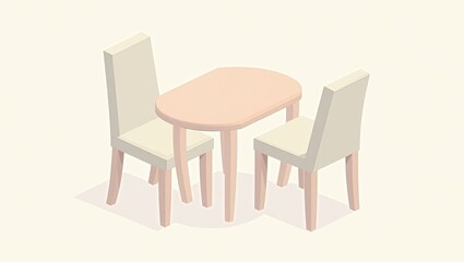 Minimalist furniture. Modern beige wooden dining table with two padded chairs, minimalistic interior design, cozy kitchen setting, perfect for home decor, soft neutral tones, bright relaxed atmospher