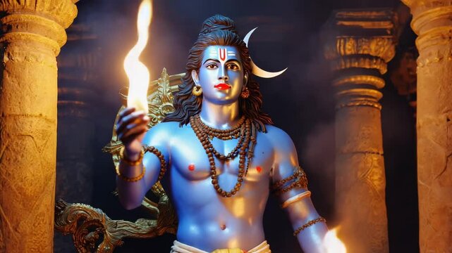 4K Close-Up of Lord Shiva Hindu Deity holding a flame | Religious Iconography in Indian Culture | God of Destruction and Meditation