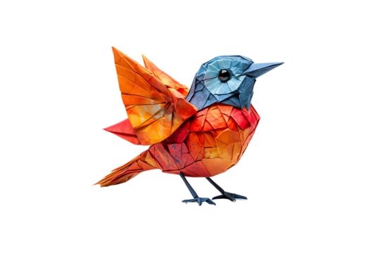 A colored origami bird with wings lifted as if about to fly, isolated on a transparent background