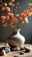 Orange cherry blossoms in a vase with stone accents