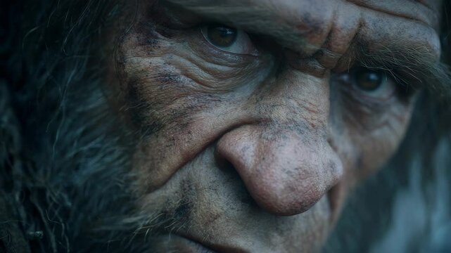 4K Close-Up of a Realistic Neanderthal Caveman in Stone Age Setting | Prehistoric Human Model | Primal Man Portrait