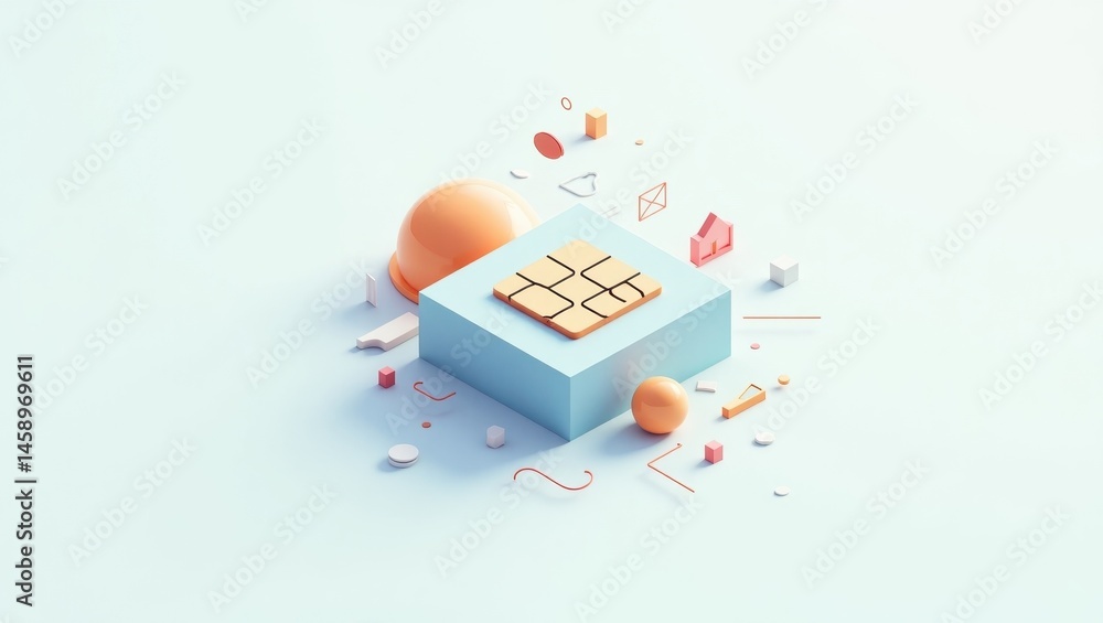 Poster minimalist 3d. abstract design. soft colors. modern style. digital art. light blue palette. creative