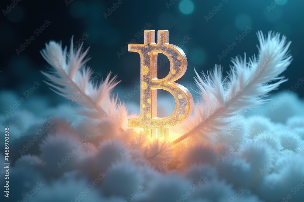 Poster bitcoin symbol. golden bitcoin symbol with glowing light and white feathers floating on cloudy sky b