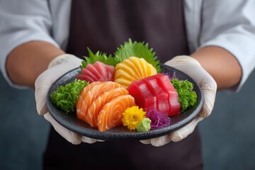 Sashimi Plate Held by Person in Gloves