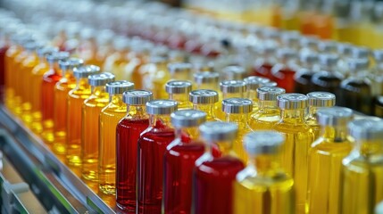 Obraz premium Rows of colorful glass bottles with silver caps, filled with liquids.