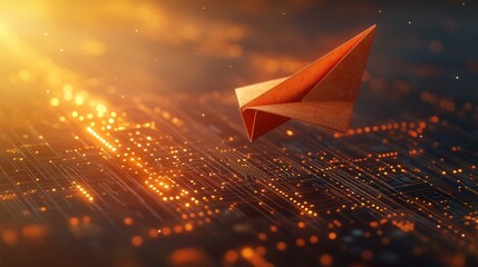 Paper airplane soaring over circuit board