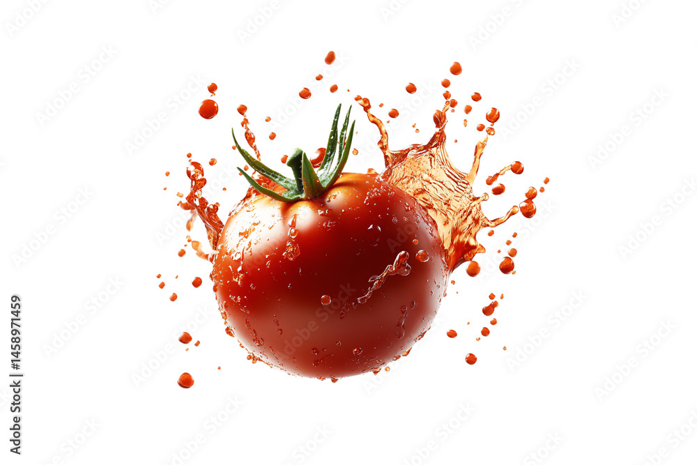 Poster a vibrant red tomato splashes with juice, surrounded by droplets, isolated on a transparent backgrou