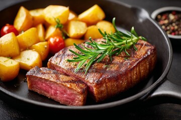 Juicy Steak with Herbs and Vegetables in Cast Iron Skillet