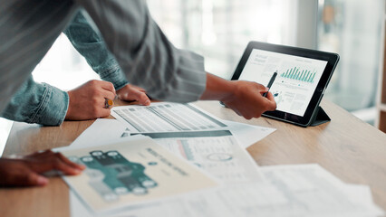Collaboration, data and tablet screen with business people closeup in office for annual report. Documents, finance and infographic with employee team in workplace for feedback, review or statistics