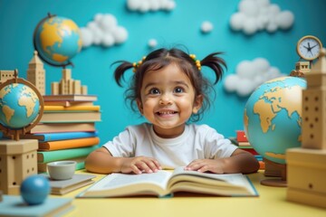 Smiling toddler. Indian girl. Early learning. Cute expression. Creative education. Classroom setting. Kids reading. Study inspiration. Colorful backdrop. Globe objects. Playful mood. Knowledge growth