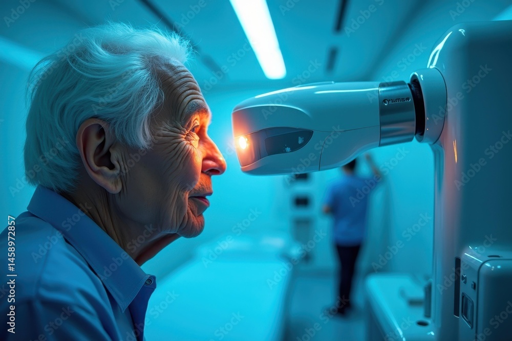 Poster gazing into technology.. man stares into glowing eye of machine, symbolizing his introspection with 