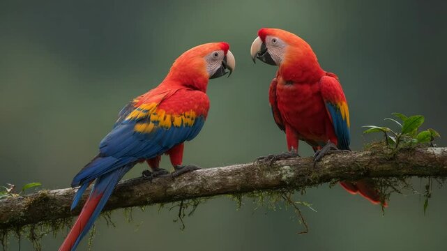 Two vibrant scarlet macaws perched on a branch in a lush green rainforest, engaging in social interaction
