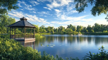 Obraz premium Serene gazebo by tranquil lake in lush park