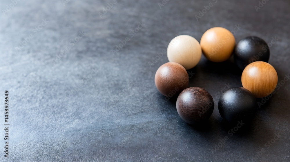 Poster seven wooden spheres arranged in a circle on a dark gray surface, showcasing variations in wood tone
