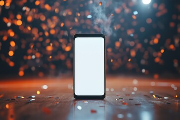 Smartphone with glowing screen in front of basketball court and confetti