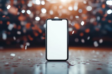 Smartphone with glowing screen in front of basketball court and confetti