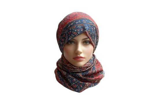 Front-facing woman in red and navy floral scarf, head fully wrapped in detailed elegant pattern, isolated on a transparent background